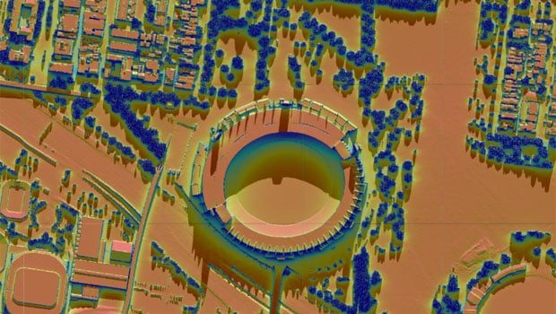 Solar power generation potential: MCG showing midday shadowing at winter solstice.Orange areas receive the most sunlight Solar power generation potential: MCG showing midday shadowing at winter solstice.Orange areas receive the most sunlight